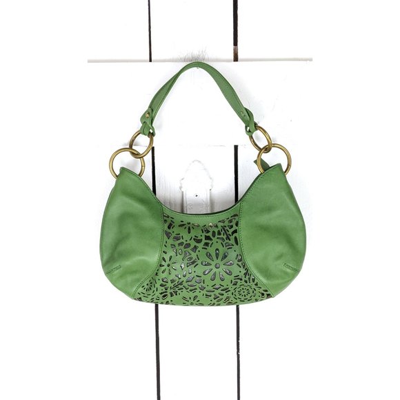 Via Spiga green leather laser floral cut brass chain shoulder purse - Picture 2 of 7
